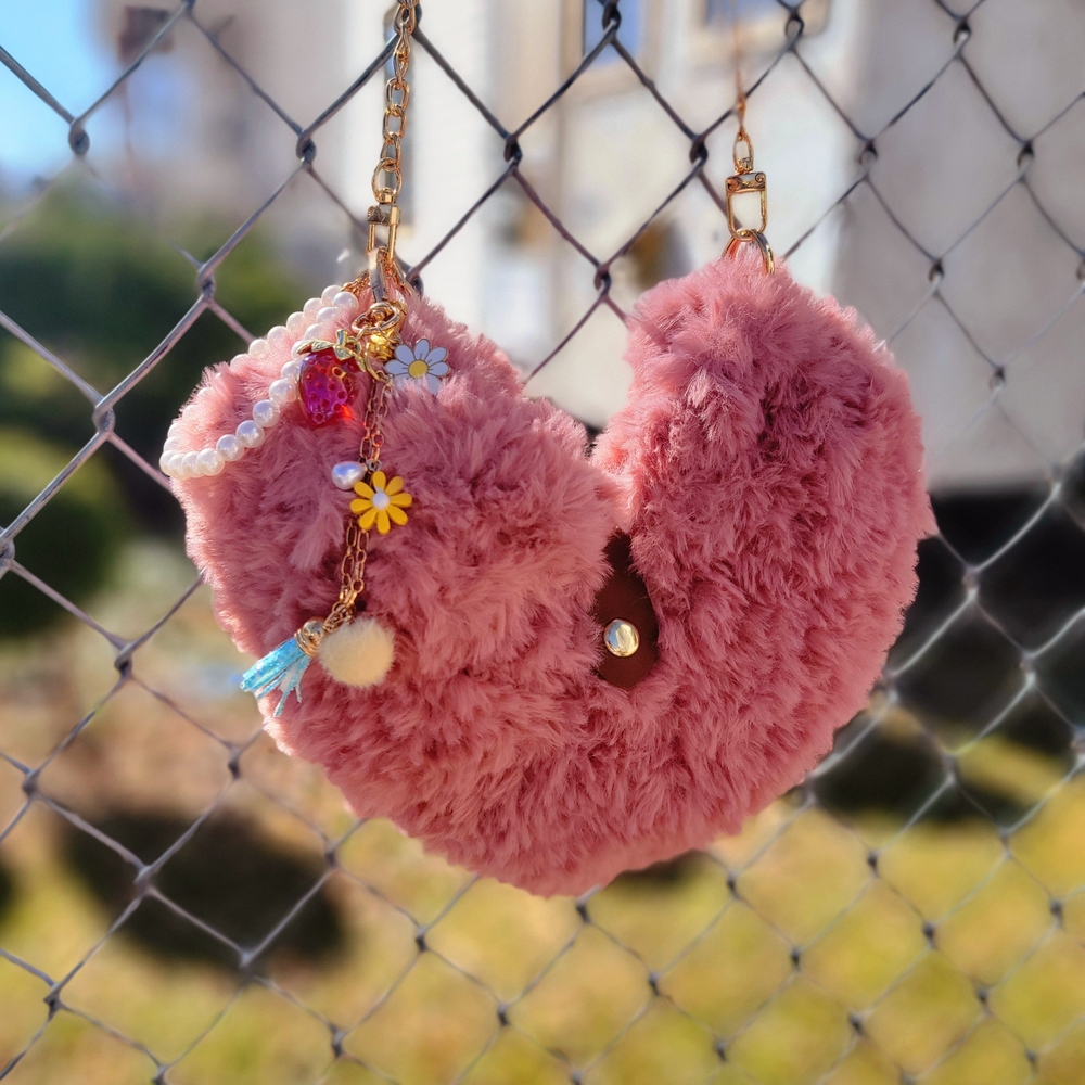 Pink Furry Heart-Shaped Bag with Charms